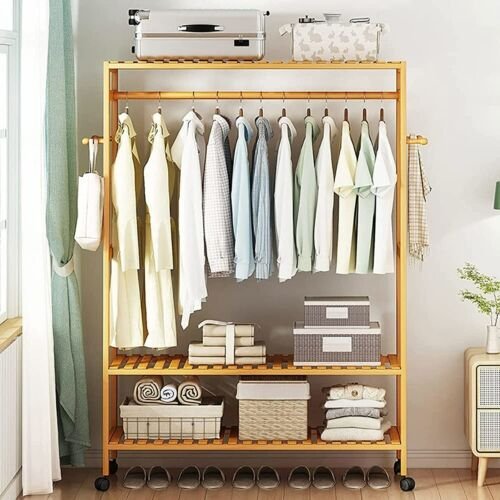 Wooden moveable cloth rack