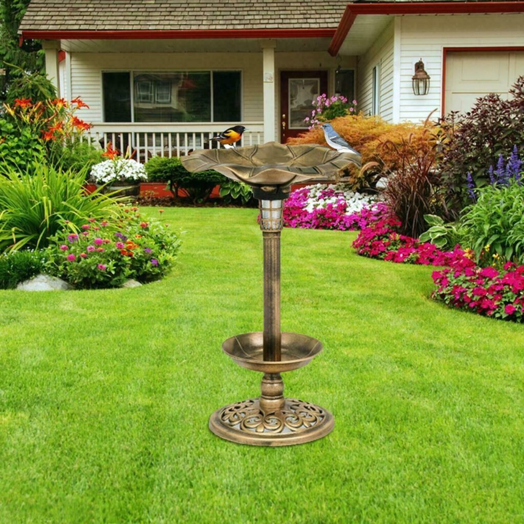 Bronze Garden Bird Hotel Feeder & Bath Pedestal Table Station With Solar Light SeeOnix.co.uk