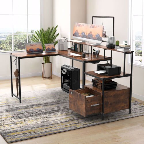 Industrial-inspired L-shaped corner computer desk in burnt sienna color with a rustic wood grain texture. The desk features a spacious desktop, integrated storage drawer, full-length shelf, 2 file holders, and a large-sized password-locked file drawer. Heavy-duty steel frame with a triangular structure for reliable support and stability. Adjustable foot pads, waterproof desktop surface, and powder-coated steel frame ensure durability and ease of maintenance. Overall dimensions: 160 x 130 x 88cm (L x W x H). Net weight: 31 kg. Load-bearing capacity: 100 kg. Package includes 1 x L-shaped Corner Desk and 1 x User Manual. Ideal for corner placement, maximizing room utility. A sleek and functional addition to your workspace."